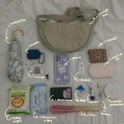 Whats Inside My Mini Backpack, Organisation, What's In My Bag Travel, Dumpling Bags Aesthetic, Whats In My Uniqlo Bag, What’s In My Uniqlo Bag, Shoulder Bag Essentials, Concert Bag Ideas, Concert Bag Essentials Kpop