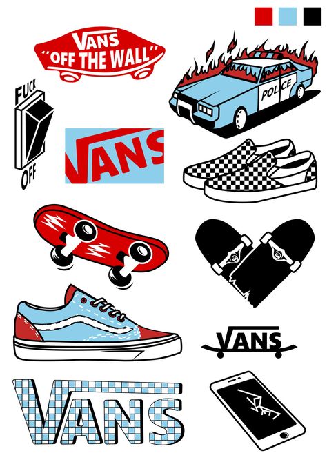 Vans Stickers Printable, Vans Off The Wall Sticker, Skate Board Stickers Aesthetic, Vans Design Art, Vans Design Graphics, Skater Stickers Aesthetic, Stickers On Skateboard, Skate Stickers Skateboards, Stickers For Skateboards