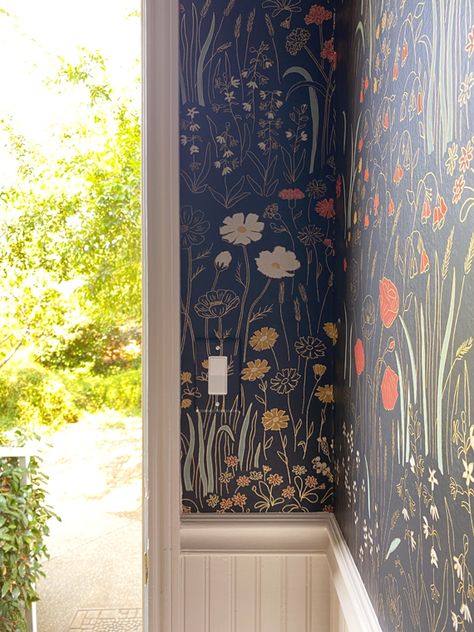 Elisejoy_wallpaper_install01 Floral Entryway Wallpaper, Board And Batten Wall With Floral Wallpaper, Tiny Hallway Wallpaper, Edwardian Hallway Wallpaper, Wallpaper In Entry Closet, Wallpapered Walk In Closet, Small Space Wallpaper Ideas, Fun Hallway Wallpaper, Apartment Entryway Wallpaper