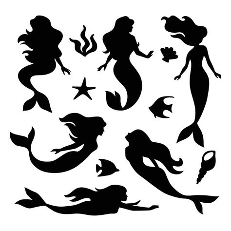 Mermaid Sillouttes, Mermaid Stencils Templates, Mermaid Simple Drawing, Mermaid Silhouette Printable, Mermaid Silhouette Tattoo, The Little Mermaid Poster, Mermaid Outline, Ariel Silhouette, Ariel Drawing