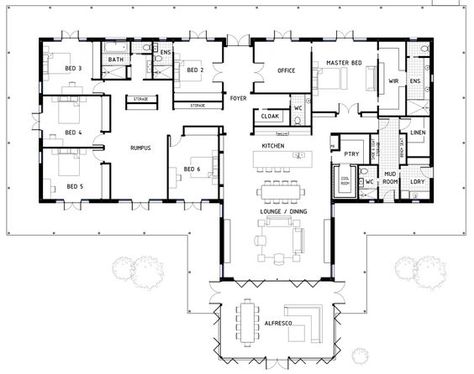 If you’re after a big home with 6 bedrooms, I found this one for you! Click on the image to view it larger. If you look through all the details you can see it has a huge amount of storage – love that. I also like how the rumpus and all the bedrooms are together. … Large Dining Room Floor Plan, 6 Bedroom Lake House Plans, Large Family Floor Plans, American Floor Plans, Large Family House Plan, Dröm Hus Planer, Shoji Doors, 6 Bedroom House Plans, Bedroom Plan