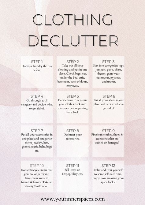 Follow along this 12 step guide to declutter and organize your clothing, shoes and accessories. Clothing declutter tips, clothing declutter checklist, clothing declutter guide, clothing declutter list, clothing declutter konmari, clothing decluttering, how to declutter clothing, clothing organization ideas, clothing organization tips, closet organization, wardrobe organization, clothing organization aesthetic, clothes organization small space, minimalist clothing wardrobe Decluttering Clothes Checklist, Organization Ideas For Wardrobe, Winter Organization Ideas, How To Get Your Dream Wardrobe, Organisation, Declutter Clothes Aesthetic, Closet Organization Checklist, Closet Clean Out List, Lots Of Clothes Organization