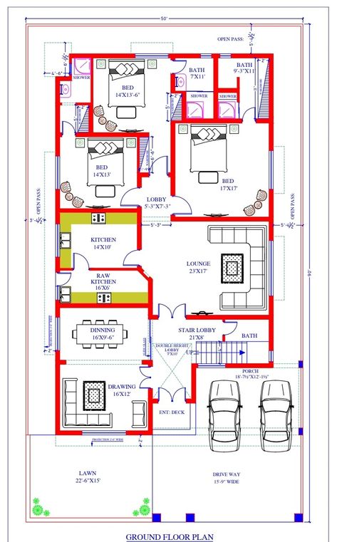 2d floor plan Home Design Plans, 30x50 House Plans, Building House Plans Designs, House Map, Architectural Designs House Plans, Architectural Designs, House Architecture Design, Plan Design, Pdf Books