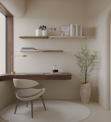 This cozy study room features a wooden table and a microcement wall, creating a tranquil and bright atmosphere. The wooden table adds a natural touch to the room, while the microcement wall brings a modern and sleek look. The combination of these elements makes this study room a perfect place to focus and get work done. Microcement Walls Living Room, Bedroom Work Table, Muji Wall Decor, Study Feature Wall, Japandi Working Room, Bedroom Microcement, Japandi Study Table, Japandi Feature Wall, Bedroom Working Table