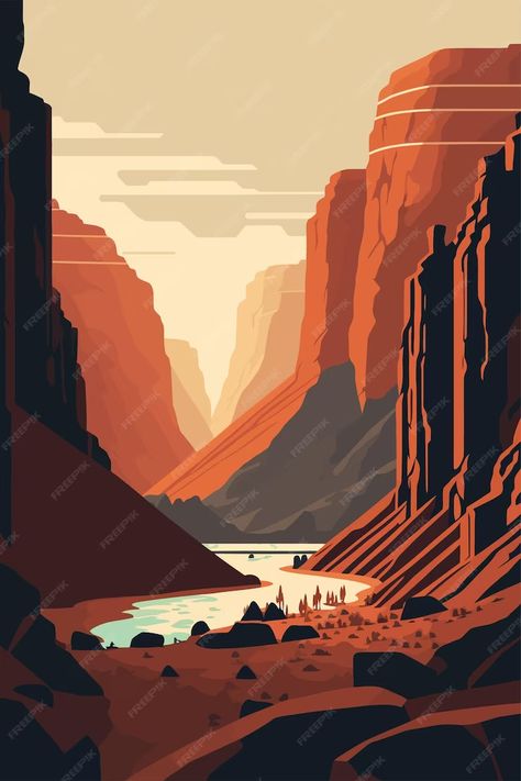 Grand Canyon Drawing, Bed Mural, Canyon Illustration, Reference Landscape, Book Bricks, Arizona Illustration, Vector Landscape Illustration, Grand Canyon Painting, Grand Canyon Art