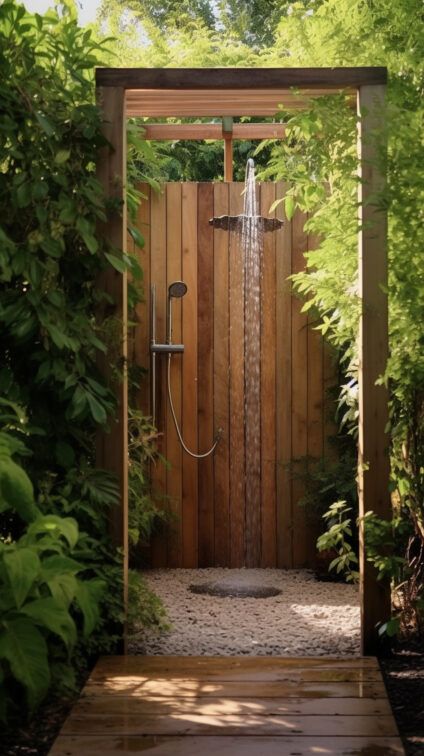 Outdoor Shower Mountain, Outdoor Shower Bali Style, Outdoor Diy Shower Ideas, Outdoor Cedar Shower Ideas, Outdoor Shower Ideas Private Modern, Outdoor Shower Cabin, Spiral Outdoor Shower Ideas, Outdoor Shower Shed, Diy Outside Shower Simple