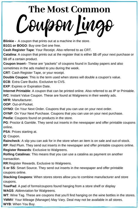 Coupon Lingo Cheat Sheet - Learning coupon lingo is so important if you are learning how to coupon. This coupon lingo cheat sheet makes it easy to understand coupons. ​This couponing guide has everything you need to get started. It tells you how to get coupons, how to use coupons, where to find coupons, how to organize coupons and much more! #wheretofindcoupons #howtogetcoupons #manufacturercoupons #usingcouponstosave #howtocoupon #classcoupons #couponingtips #howtoorganizecoupons How To Coupon, How To Start Couponing, Savings Ideas, Couponing 101, Manufacturer Coupons, Couponing For Beginners, Restaurant Coupons, Money Saving Strategies, Digital Coupons