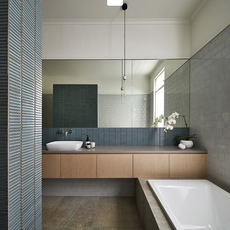 Our Yohen Border mosaic by INAX Japan looking spectacular. Project by Make Architecture @make_arch Photography: @peterbbennetts #Artedomus #INAXJapan #Repost @studiocollectiveaustralia ・・・ Loving the tones in this Bathroom. It is the blending of tiles of different shapes, sizes and shades that gives this space an interesting, luxurious texture. #interior #interiordesign #design #interiorinspo #tiles #designers #style @artedomus Architecture Bathroom, Edwardian House, Bad Inspiration, Stunning Bathrooms, Contemporary Bathrooms, Blue Bathroom, Bathroom Renos, White Tiles, House Bathroom