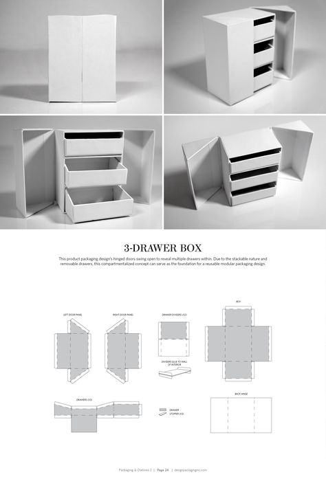 3-Drawer Box – FREE resource for structural packaging design dielines Structural Packaging Design, Drawer Box Packaging Design, Drawer Box Template, Creative Box Design, Box Making Ideas, Drawer Box Packaging, Paper Box Design, Drawer Packaging, Box Dieline