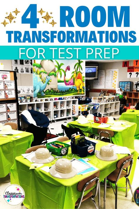A classroom decorated for a dinosaur classroom transformation. Test Prep Theme Ideas, School Testing Themes, Fun Ways To Review For A Test, State Testing Motivation Bulletin Board, Reading Room Transformations, Test Bulletin Board Ideas, Classroom Room Transformations, Testing Themes For Elementary, State Testing Themes