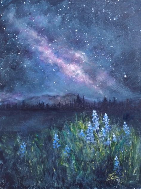 Tela, Field At Night Painting, Night Sky With Trees Painting, Celestial Acrylic Painting, How To Paint Fireflies, Celestial Painting Acrylic, Night Garden Painting, Stars Acrylic Painting, Meadow Acrylic Painting