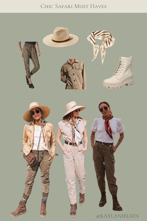 Chic safari must haves Safari Outfit Women Vintage, Jungle Attire For Women, Safari Trip Outfit Ideas, Luxury Safari Outfit, Tanzania Safari Clothing, Safari Women Outfits, Outfits For Safari Trip, What To Wear On A Safari, Winter Safari Outfit Women