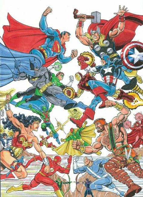The JLA vs The Avengers by Mitch Ballard, I would be remiss if I ever excluded The Justice League and The Avengers from my list of heroes. These two teams helped me to escape boredom and to embrace my imagination. Dc Vs Marvel Wallpaper, Justice League Vs Avengers, Avengers Vs Justice League, Dc Vs Marvel, Dc Crossover, Dc Comics Vs Marvel, Marvel And Dc Crossover, Superman Gifts, The Justice League