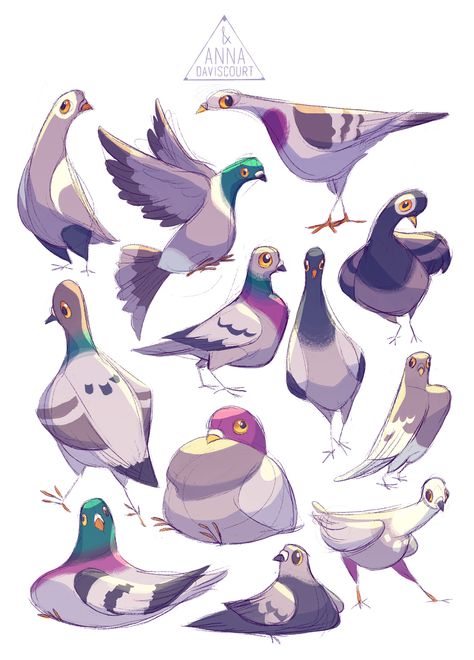 ArtStation - Pigeons, Anna Daviscourt Arte Sketchbook, Animal Sketches, Arte Animal, Bird Drawings, Bird Illustration, Illustration Character Design, 귀여운 동물, Creature Art, Animal Illustration