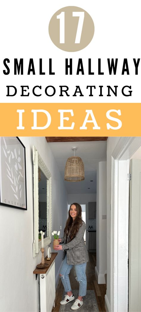 17 small hallway decorating ideas, girl in small narrow hallway with rattan pendant light above, long runner rug on floor with mirror on the wall, girl is holding a vase with flowers and is wearing jeans and a blazer, she has brown, long hair. Narrow Hallway Shelf, Small Short Hallway Ideas, Tiny Corridor Ideas, Small Hallway Decorating Tiny Spaces, Small Passage Decor Ideas, Hallway Shelf Ideas, Small Entry Way Ideas Narrow Hallways, Short Hallway Ideas, Hallway Wall Decor Ideas Narrow