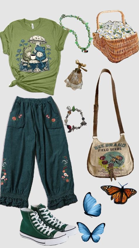 cottagecore outfit💚🌼💮 Cottagecore Outfits With Jeans, Campcore Aesthetic Outfits, Cottagecore Clothing Aesthetic, Gnomecore Outfit, Cottagecore Outfits Women, Farm Core Outfit, Cottagecore Beach Outfit, Cottegcore Outfit, Cottagecore Business Casual