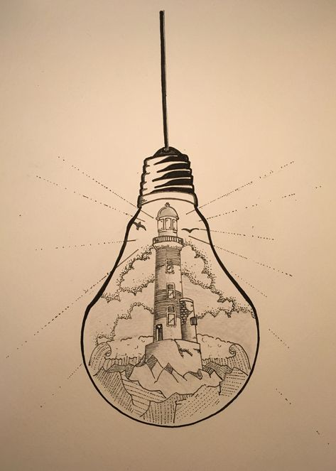 Drawing Of Light Bulb, Drawing Of A Lightbulb, Inside Outside Art Drawings, World Inside A Lightbulb Drawing, Drawing Ideas Light Bulb, Light Bulb Sketch Drawings, Creative Art Ideas Pencil, Drawing Of Lighthouse, How To Draw A Light Bulb