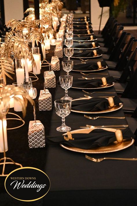 Classy Black And Gold Party, 21st Birthday Dinner Ideas Theme Parties, Black Gold Silver Table Setting, 80th Decoration Ideas, Rose Gold And Black Centerpiece Birthday, Gold And Black Dinner Party, Black Gold Dinner Party, Black And Gold Plates Table Setting, Black Gold Silver 50th Birthday Party