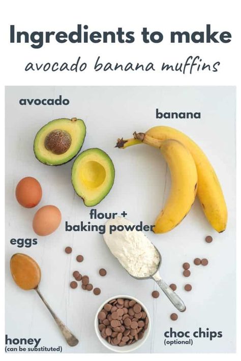 Avocado Banana Muffins, Banana Choc Chip Muffins, Avocado Baby Food, Avocado Muffins, Avocado Snack, Choc Chip Muffins, Avocado Recipes Breakfast, Calorie Dense Foods, Banana Flour