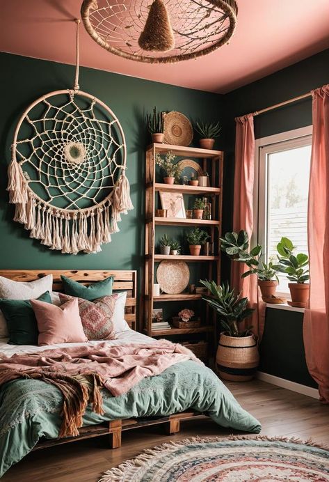 Top 28 Blush Pink & Green Boho Bedrooms - Vintage & Modern Mix Pink And Green Curtains Bedroom, Green Walls Pink Curtains, Mediterranean Boho Bedroom, Boho Sage Bedroom, Pink Boho Chic Bedroom, Sage Green Bedroom Inspiration, Cozy Earthy Bedroom Boho, Dark Green And Pink Room, Bedroom Ideas Pink And Green