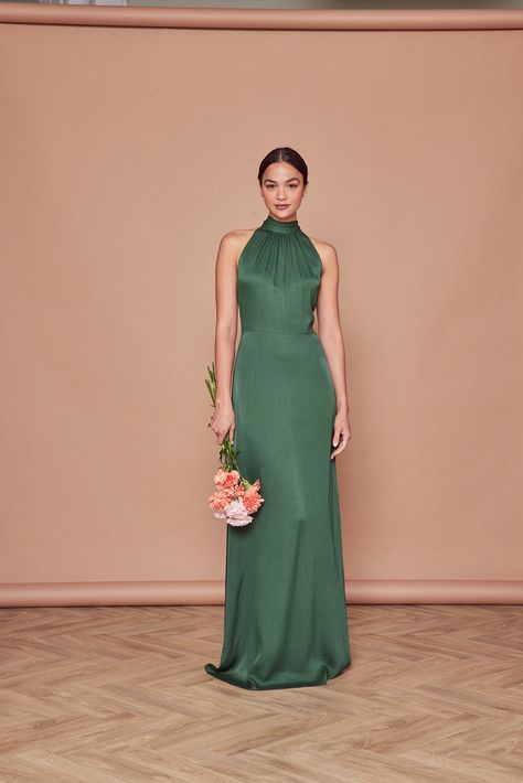 Bridesmaid Dress Green Satin, Green Halter Bridesmaid Dress, Basil Bridesmaid Dresses, High Neck Formal Dress Long, High Neck Green Dress, Dark Green Mismatched Bridesmaid Dresses, Halter Neck Long Dress, Forest Green Dress Formal, Halter Top Bridesmaid Dresses