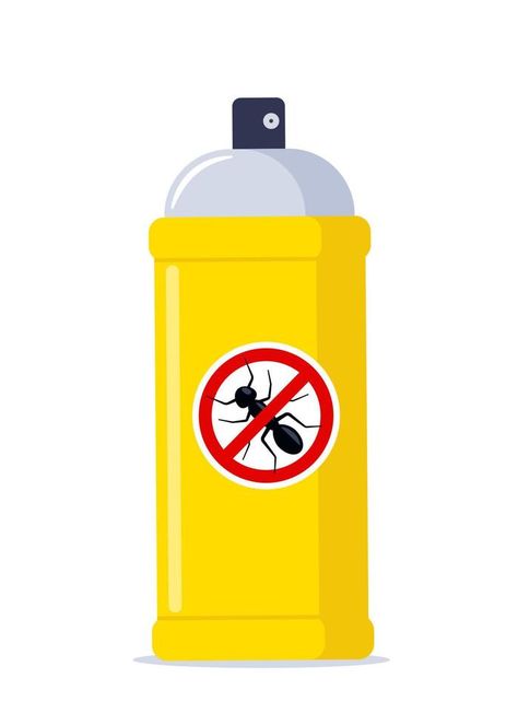 Repellent spray in the yellow bottle. Protection from the ant and other insect. Aerosol for bug bite prevention. Black ant silhouette crossed in red circle. Vector illustration. Ant Silhouette, Spray Vector, Bug Bite, Circle Vector, Black Ants, Insect Spray, Red Circle, Reference Pictures, Bug Spray