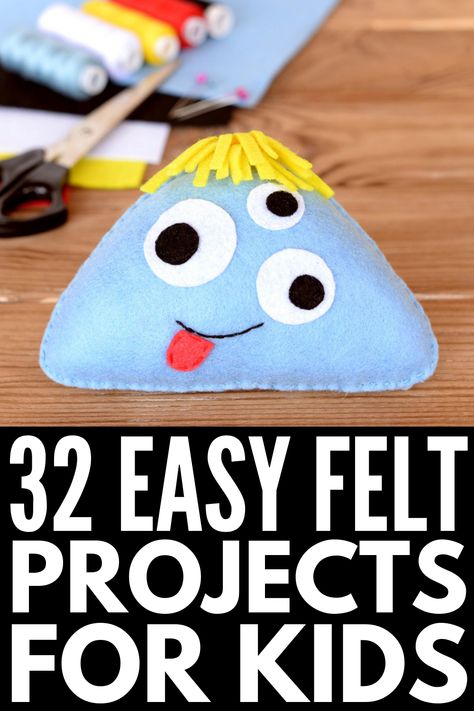32 Felt Projects for Kids | If you’re looking for crafts and activities you can enjoy with your children on bad weather days, we’ve curated 32 ideas to inspire you! We’ve included easy no sew ideas for toddlers and preschoolers, simple sewing projects for beginners, and more advanced DIY ideas for older kids to make. With free patterns and printable templates, you’ll be amazed what you can create with some felt, glue, thread, and a needle! #feltprojects #feltcrafts #nosew #kidssewingprojects Sewing For Kindergarten, No Sew Projects For Kids, Sewing With Felt Projects, Felt Crafts For Beginners, Simple Felting Projects, No Sew Crafts For Kids, Sewing For Kids Beginning, Easy Felt Toys Diy, Childrens Sewing Projects