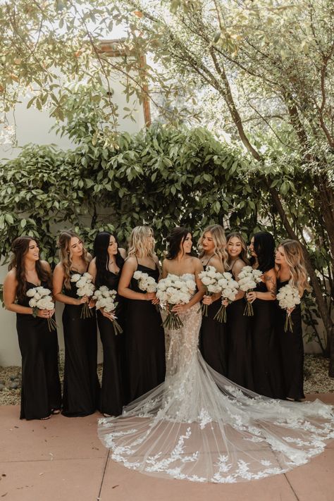 White Bridesmaid Dresses Black Wedding Dress, Wedding Black Dress Bridesmaid, Champagne Black And Greenery Wedding, Bridesmaid In Black Dresses, Black Dress White Flowers, Black Weddings Wedding Ceremony Decor, Wedding Colours With Black, White Cake Black Flowers, Black Briadsmaid Dresses