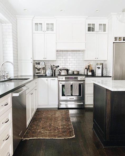 white kitchen dark floors with black countertops and dark hardwood floors Kitchens With Dark Floors, Dark Floor Kitchen, Kitchen Dark Floors, White Kitchen Dark Floors, Dark Kitchen Floors, Dark Hardwood Floors, Floors Ideas, Kitchen Dark, Dark Countertops