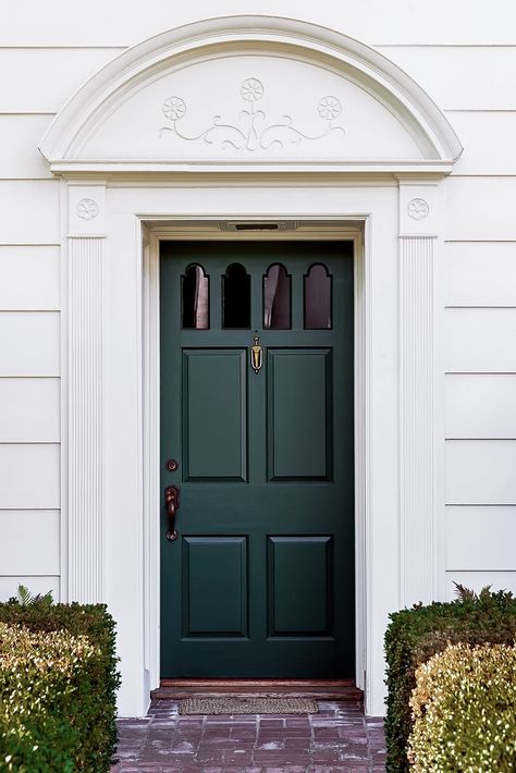 Dark Green Front Door, Green Door House, Dark Green Exterior House Colors, Green Home Exterior, Dark Front Door, White Home Exterior, Green Front Door, Green Exterior Paints, Green Exterior House Colors