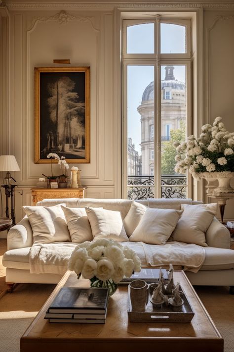 Infuse your living room with the flair of Parisian design for a stylish and culturally rich ambiance. Parisian Decor Living Room, French Living Room Decor, Parisian Living Room, French Living Room Design, French Living Rooms, Parisian Decor, Parisian Interior, Interior Design Per La Casa, Inspire Me Home Decor