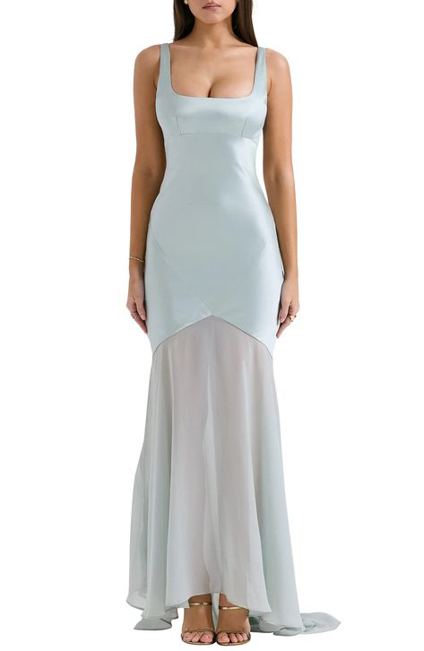 HOUSE OF CB Vittoria Paneled Satin & Chiffon Gown | Nordstrom House Of Cb Vittoria, Blue Wedding Guest Dresses, Romantic Gown, Formal Wedding Guest Dress, Graduation Pics, House Of Cb Dresses, Asymmetric Skirt, Fashionably Late, House Of Cb