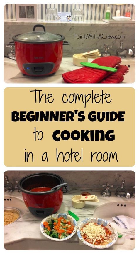 The complete beginner's guide to cooking in a hotel room - even without a stove, microwave or cooktop Hotel Room Cooking, Camping Hacks Food, Road Trip Food, Vacation Meals, Hotel Food, Fast Easy Meals, Hotel Room, Travel Food, Cooker Recipes