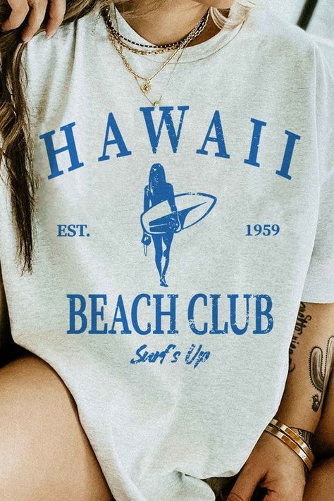 Stay cool on the beach with our Hawaii Beach Club Surfs Up Graphic Tee. Made for beach-goers and surfers alike, this tee features our exclusive design and is perfect for showing off your love for all things sun, sand, and waves. Get yours now and hit the beach in style. Hawaii Beach Club surfs up graphic tee premium cottonunisex sizingclassic fit Beach Club Graphic Design, Beach Graphic Tees, Preppy Tshirt Designs, Beach Graphic Tee, Beach Shirt Ideas, Beach Shirt Design, Hawaii Outfit, Random Person, Nike Crop Top