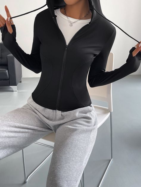 Black Casual Collar Long Sleeve Polyester Plain Other Embellished Medium Stretch  Women Outerwear Tight Zip Up Jacket Outfit, Zip Up Sweater Outfit, Black Jacket Outfit, Black Zip Up Jacket, Men's Sweatpants, Women Outerwear, Fitted Jacket, Disco Outfit, Long Sleeve Jacket