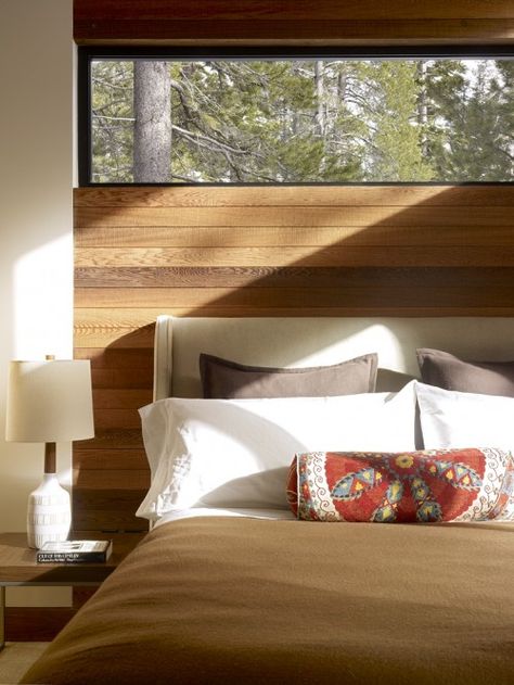 Window Above Bed, Window Behind Bed, Modern Log Cabin, Wood Houses, Living Room Upholstery, Modern Mountain Home, Clerestory Windows, Window Bed, Above Bed