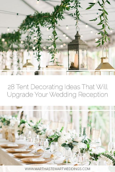 Deck out your party tent with these inspired ideas. #weddingreception #weddingreceptionideas #outdoorwedding #weddingtents | Martha Stewart Weddings - 28 Tent Decorating Ideas That Will Upgrade Your Wedding Reception Wedding Tent Setup Ideas, Outside Wedding Reception Tent, Decorate Tent For Wedding, Tent Set Up Ideas Wedding Reception, Spring Tent Wedding Receptions, Tent Decorating Ideas Wedding Reception, Wedding Tents Decor Draping, Tent Ceiling Decorations Wedding, Elegant Tented Wedding Reception