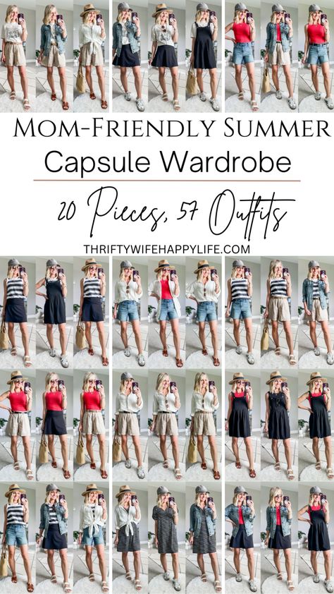 Easy Summer Mom Capsule Wardrobe 2024 - Thrifty Wife Happy Life Mom Wardrobe Capsule, Mom Summer Capsule Wardrobe, Vacation Outfits Capsule, Capsule Wardrobe Teacher, Sahm Capsule Wardrobe, Mom Capsule Wardrobe, General Outfit, Teacher Capsule Wardrobe, Mom Wardrobe Essentials