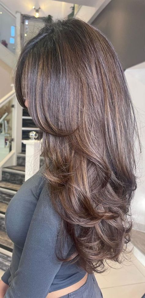 Layer Balayage Hair, Balayage, Brown Highlights With Layers, Layered Chocolate Brown Hair, Dark Ash Balayage Hair, Brown Hair With Highlights Brown Skin, Hair Colour Ideas Dark Brown, Black With Ash Brown Highlights, Ash Hair Highlights For Dark Hair