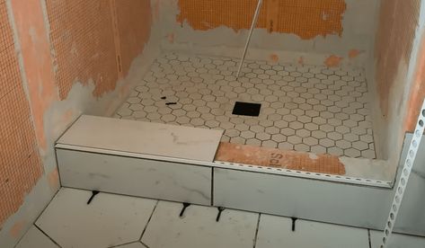 Tiled Shower Threshold, Tile Shower Edge Trim, How To Build A Shower Bench, Kerdi Shower Pan, Shower Threshold Tile Ideas, Shower Tile Edge Trim Ideas, Shower With Curb, Shower Curb Tile Ideas, Shower Threshold Ideas