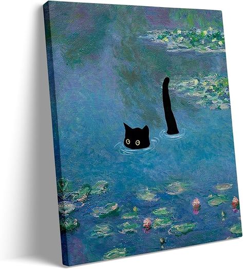 Acrylic Painting Cat Easy, Aesthetic Room Wall Decor, Aesthetic Room Wall, Cat Swimming, Black Cat Poster, Pond Landscape, Arts Sketch, Simple Painting Ideas, Canvas Art Painting Abstract