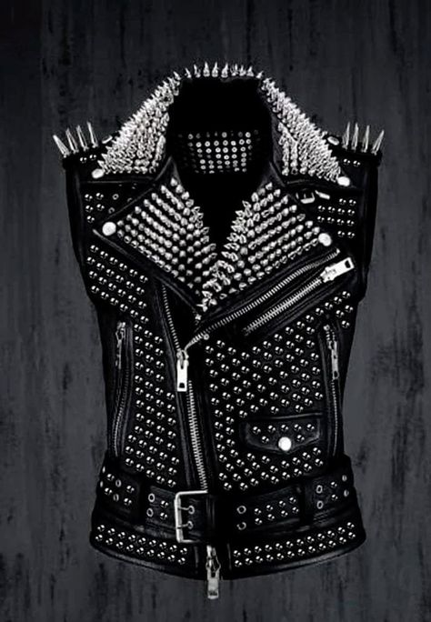 Handmade Spiked Punk Vest, Bikers Leather Vest Jacket,  Men Belted Vest, Personalized Motorbike Brando Zipper Heavy Studs Vest, Gift For Him Studded Vest made with 100 % Genuine Top Quality Cowhide Leather Studded Vest High-Quality Studs. Each securely added by hand Cropped, Vintage - Inspired / Moto / Fit 0.9 to 1.0 MM Cowhide Leather used Soft Black Real Leather Please Note: Slight color variation may be observed due to various factors such as material changes, monitor settings, or lighting co Leather Jacket Spikes, Spikey Jacket, Spiked Belt, Studded Leather Vest, Leather Vest Jacket, Spiked Leather Jacket, Vest Ladies, Punk Vest, Women Leather Vest