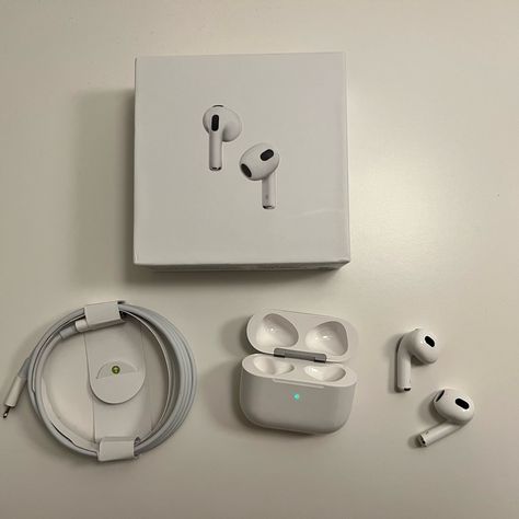 Brand New Airpod Gen 3! These Airpods Have Incredible Sound Quality My Only Wish Is That They Fit My Ears :( (I Have Oddly Small Ear Holes Lol!) These Airpods Are In Perfect Condition, Used Only Once To Try Out (Again, Only To Found Out They Do Not Fit My Ears) Includes: Wireless Charging Case, Charging Cable Air Pods Gen 3, Air Pods Aesthetic, Airpod Gen 3, Fone Apple, Ipod Pro, Wish List Items, Supreme Case, Apple Headphones, I Pod