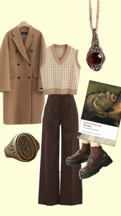 Light academia outfit #outfit #outfitinspo #lightacademiaoutfit #literature #lightacademia Dark Acedamia Capsule Wardrobe, Smart Casual Dark Academia, Dark Academia Outfit Teacher, Spring Outfits Academia, Colorful Light Academia Outfits, My Aesthetic Clothes, Ghost Academia Outfits, Light Academia Outfits Women, Color Academia Outfit