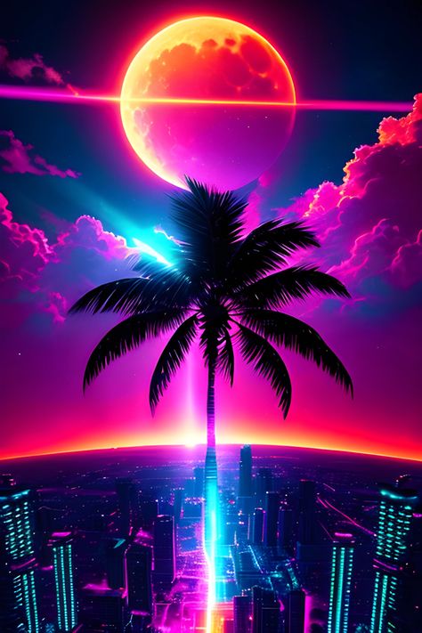 A glowing neon city at night with palm trees and a fantasy full moon. Synthwave vaporwave inspired art Neon Palm Tree Wallpaper, Retro Synthwave Wallpaper, Glowing Wallpaper Aesthetic, Retro Neon Wallpaper, Neon Art Wallpaper, Neon City Wallpaper, Neon Wallpaper Aesthetic, Synthwave Room, Neon Lights Wallpaper