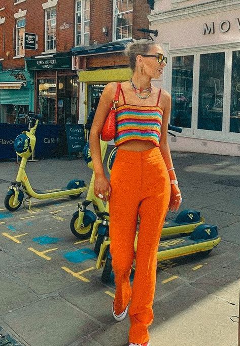 Colourful Outfit Aesthetics, Orange Outfit Monochrome, Cool Colourful Outfits, Colourful Funky Outfits, Orange Trendy Outfit, Bright Trendy Outfits, Monochrome Outfit Orange, Colourful Smart Outfits, Colorful Monochrome Outfits