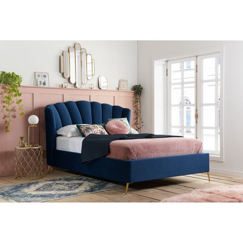 Royal Blue Bed Frame, Blue Velvet Headboard Bedroom, Double Bed Design Modern, Navy Bed, Ottoman Base, Ottoman Bed Frame, Blue Headboard, Shaped Headboard, Navy Bedding