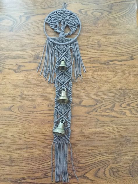 I was looking for a macrame pattern for a door hanger with bells. I eventually gave up and modified/copied an old one that was hanging around, as it were... Macrame Bell Pull, Macrame Bell, Macrame Door, Macrame Knots Tutorial, Idle Hands, Hanging Bell, Knots Tutorial, Door Bell, Macrame Hanging