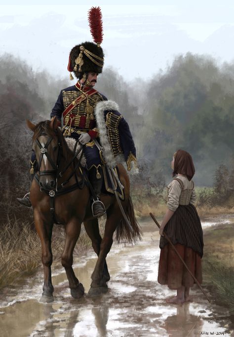 French Hussar and Peasant Girl 1810's by Nils Wadensten Napoleonic Wars, Arte Cowboy, 2d Painting, Peasant Girl, Military Drawings, Military Artwork, 다크 판타지, Historical Painting, French Army