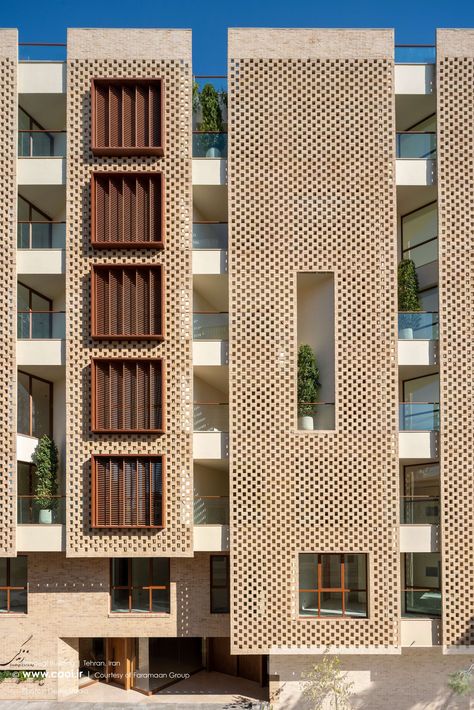 Residential building facade design with brick pattern Modern Residential Building Design, Modern Home Exteriors, Villa Facade Design, Construction Office, Building Design Plan, Hotel Facade, Home Exteriors, Facade Architecture Design, Residential Building Design